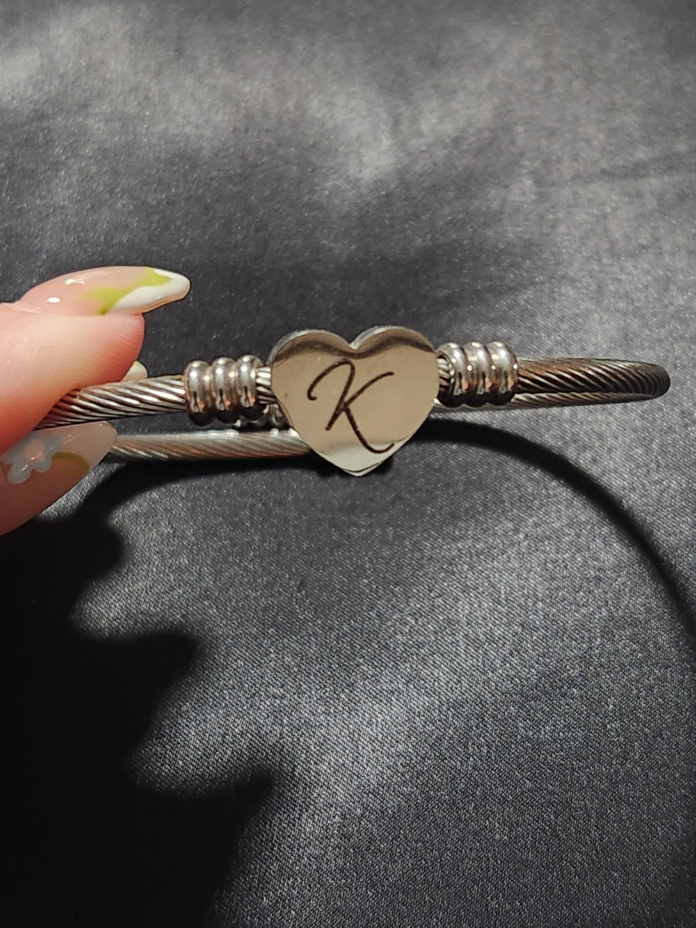 Initial K Heart Cable Wire Bangle Bracelet Silver Tone Twisted Wire Cuff​